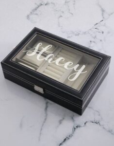 black jewellery storage box with window view