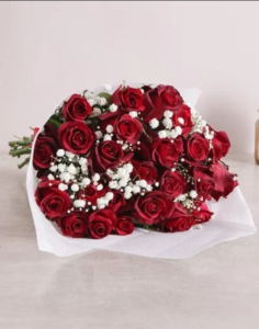 Red rose and Baby's Breath bouquet.
